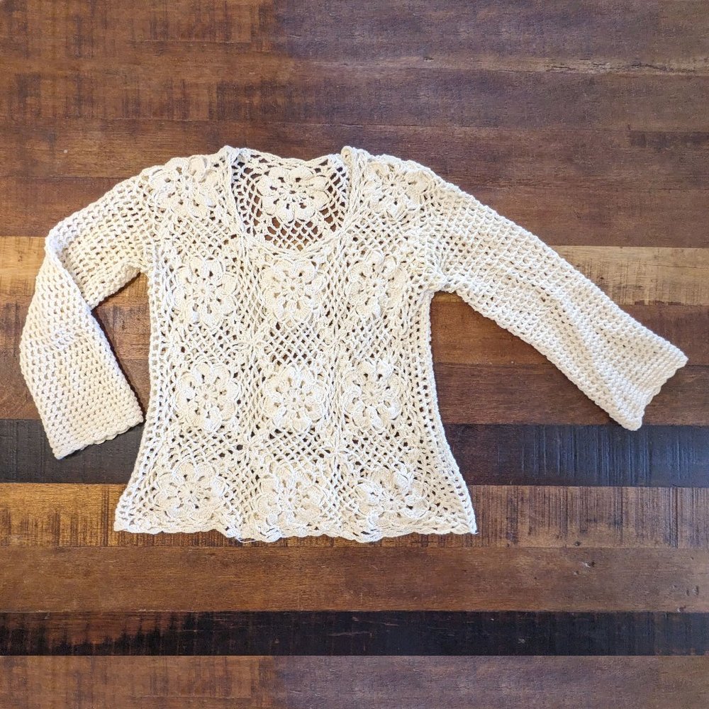 Vintage Cream Crochet Pointelle Seamless Floral Mesh Bohemian Top, Size Small